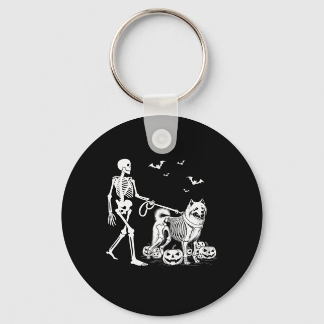 Halloween Skeleton Walking Samoyed Dog  Key Ring (Front)