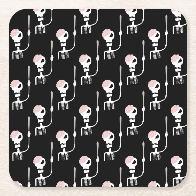 Halloween skeleton with a sword  square paper coaster (Front)