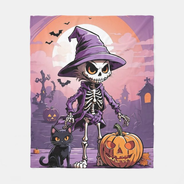Halloween skeleton with black cat and pumpkin fleece blanket (Front)