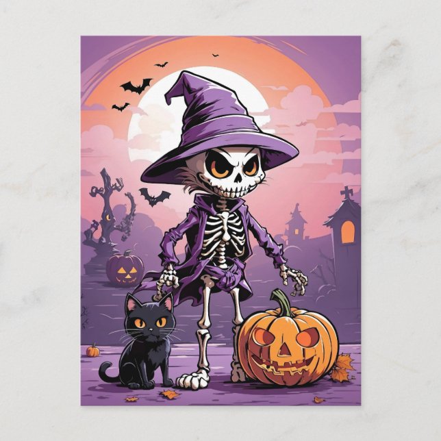 Halloween skeleton with black cat and pumpkin postcard (Front)