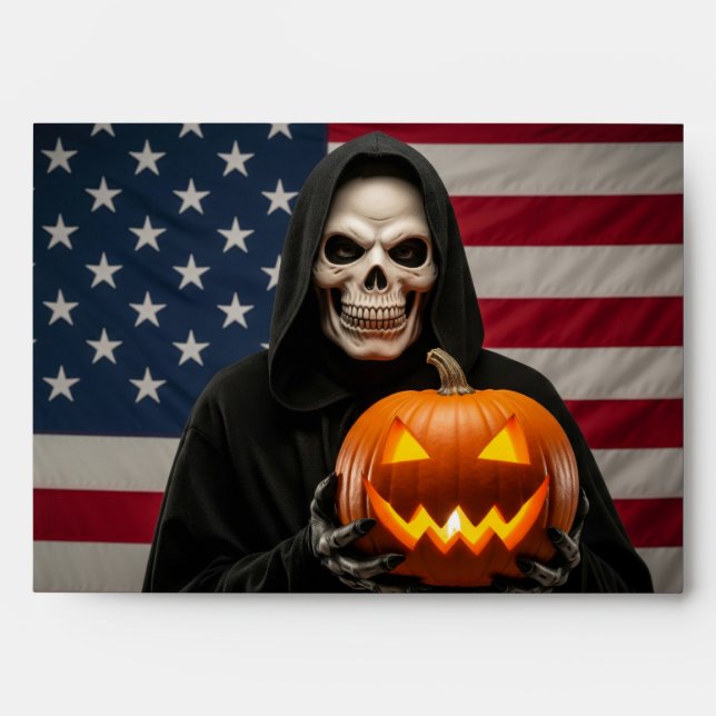  Halloween skeleton with carved pumpkin Envelope (Front)