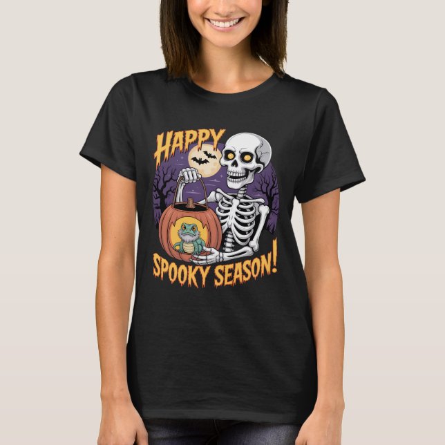 Halloween Skeleton with Lizard Pumpkin T-Shirt (Front)