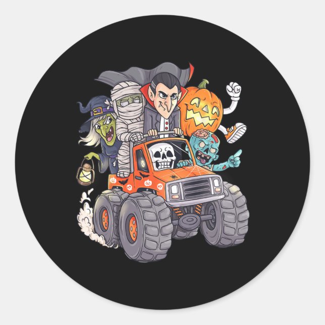 Halloween Skeleton Zombie Monster Truck Vampire Bo Classic Round Sticker (Front)