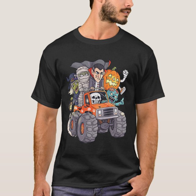 Halloween Skeleton Zombie Monster Truck Vampire Bo T-Shirt (Front)