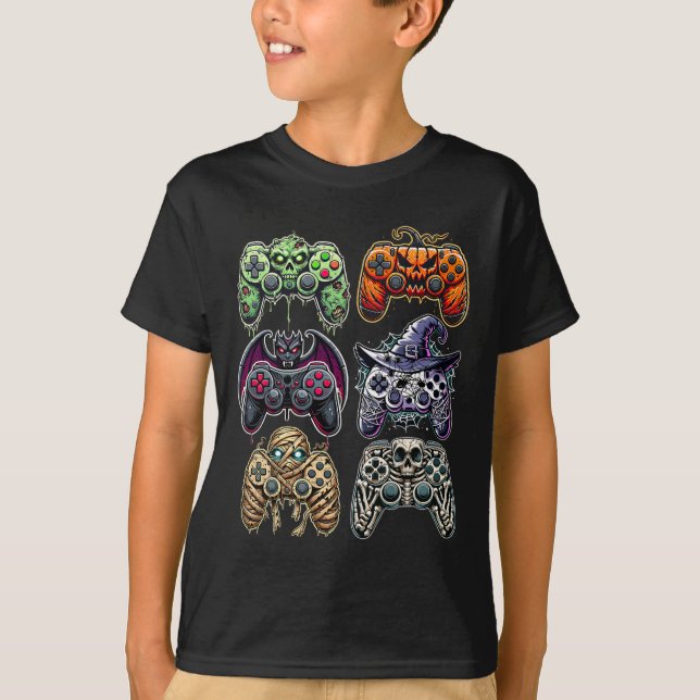 Halloween Skeleton Zombie Mummy Gaming Controllers T-Shirt (Front)