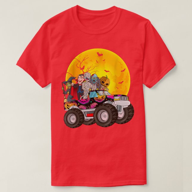 Halloween Skeleton Zombie Riding Monster Truck Vam T-Shirt (Design Front)