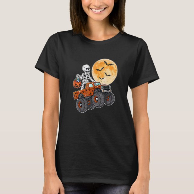 Halloween Skeleton Zombie Riding Monster Truck Vam T-Shirt (Front)