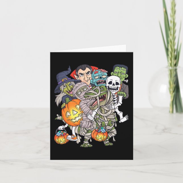 Halloween Skeleton Zombie Riding Mummy T Rex Funny Card (Front)