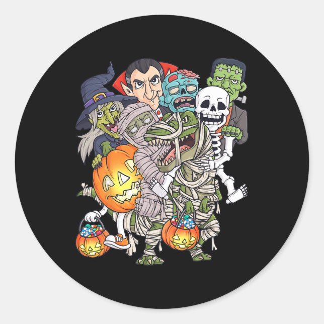 Halloween Skeleton Zombie Riding Mummy T Rex Funny Classic Round Sticker (Front)