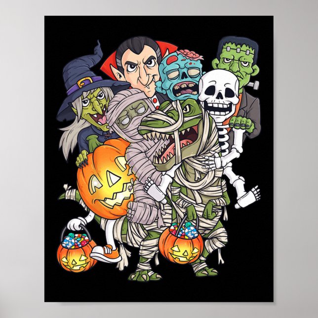 Halloween Skeleton Zombie Riding Mummy T Rex Funny Poster (Front)