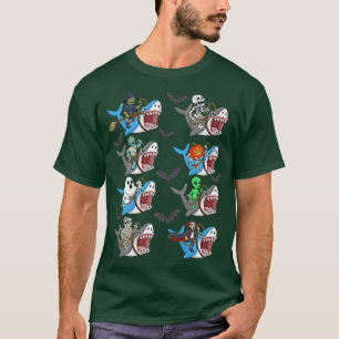 Halloween Skeleton Zombie Riding Shark Mummy Vampi T-Shirt