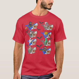 Halloween Skeleton Zombie Riding Shark Mummy Vampi T-Shirt
