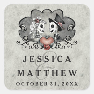 Halloween Skeletons Grey Black Names Wedding Date Square Sticker