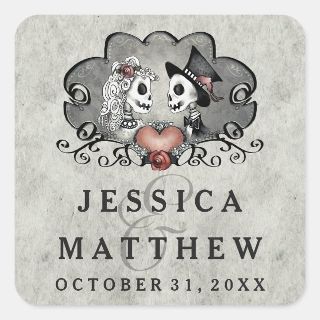 Halloween Skeletons Grey Black Names Wedding Date Square Sticker (Front)