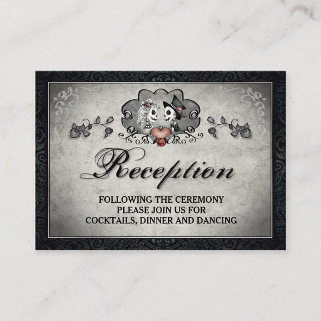 Halloween Skeletons & Heart Black Grey Reception Enclosure Card (Front)