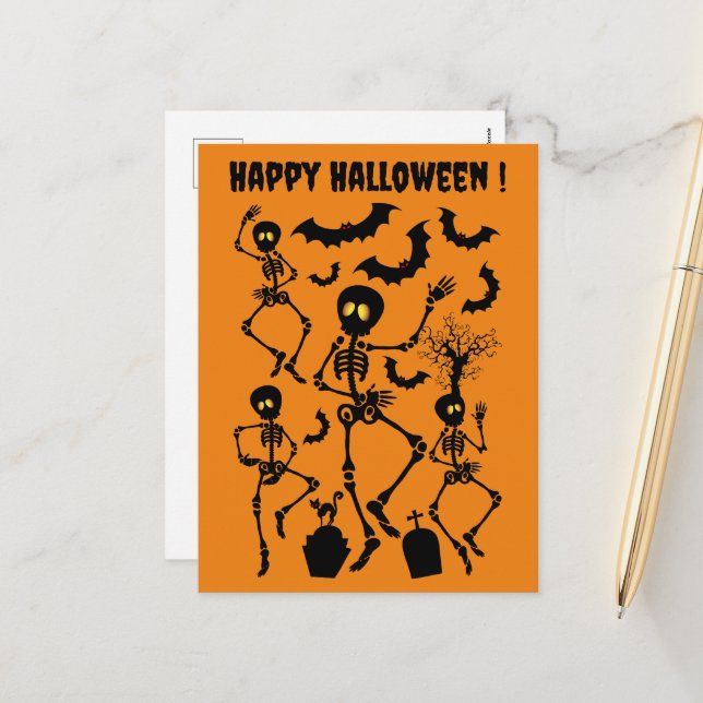Halloween Skeletons Macabre Dance Holiday Postcard (Front/Back In Situ)