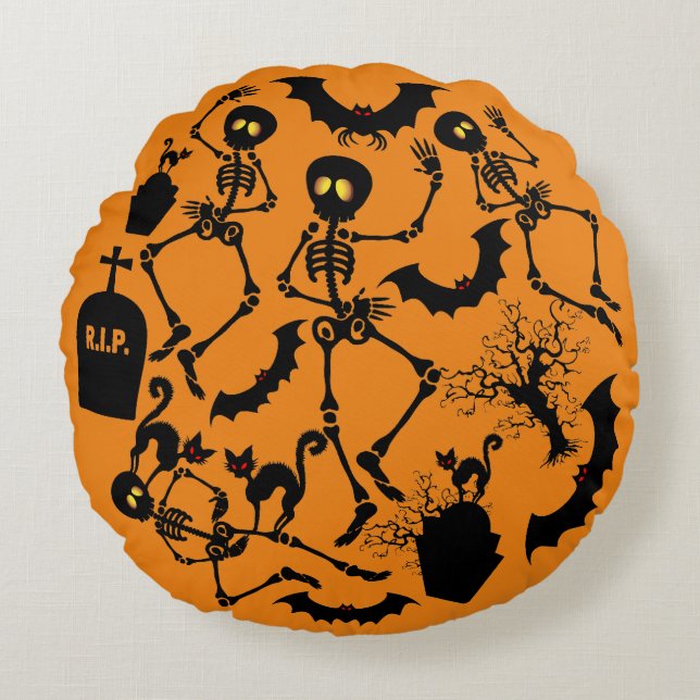 Halloween Skeletons Macabre Dance Round Cushion (Front)