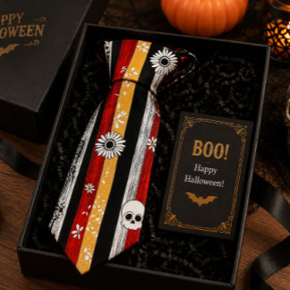 Halloween Skeletons Red Black Spooky Gothic Patter Tie