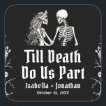 Halloween Skeletons Till Death Do Us Part Wedding Square Sticker<br><div class="desc">💀 Till Death Do Us Part Halloween Skeleton Wedding Square Sticker Add a spooky-chic seal to your love story! 🕸️🖤 This Till Death Do Us Part Square Wedding Sticker features a vintage skeleton couple and elegant gothic typography — perfect for Halloween weddings, gothic ceremonies, or alternative fall celebrations. Use these...</div>