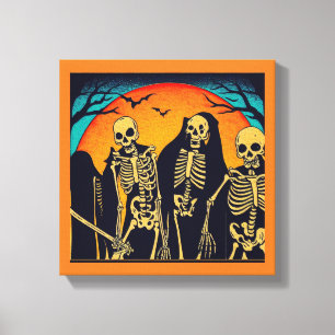 Halloween - Skeletons Woodcut 1 Canvas Print