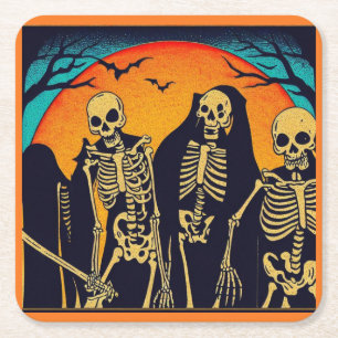 Halloween - Skeletons Woodcut 1 Square Paper Coaster
