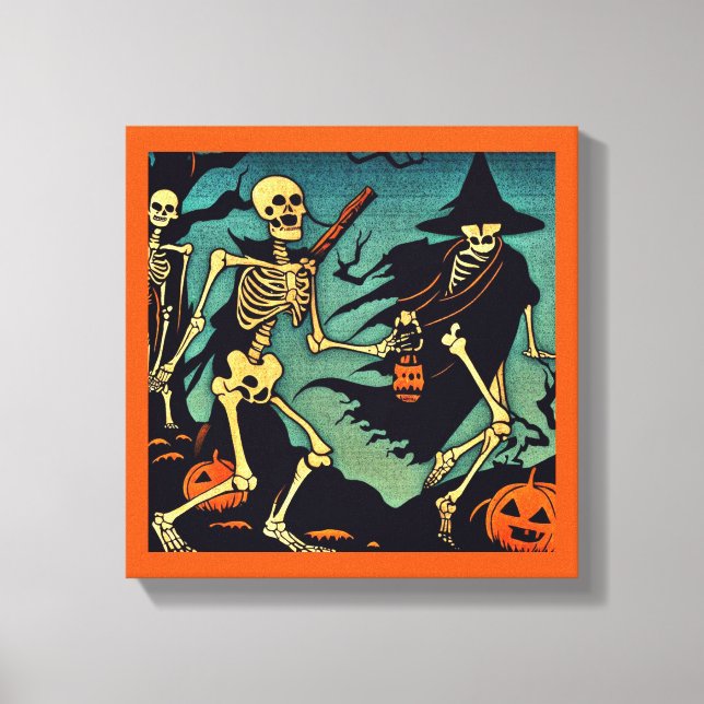 Halloween - Skeletons Woodcut 2 Canvas Print (Front)