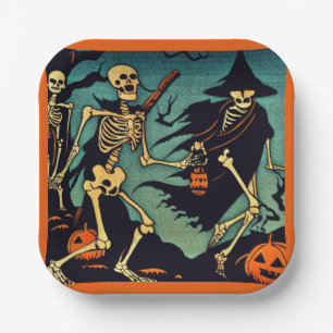 Halloween - Skeletons Woodcut 2 Paper Plate