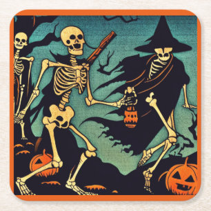Halloween - Skeletons Woodcut 2 Square Paper Coaster