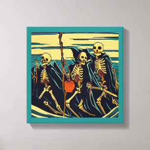 Halloween - Skeletons Woodcut 3 Canvas Print