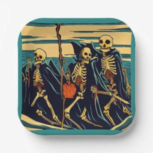 Halloween - Skeletons Woodcut 3 Paper Plate