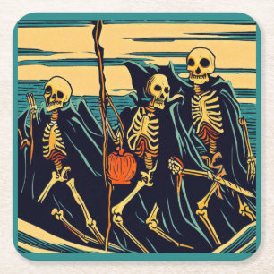 Halloween - Skeletons Woodcut 3 Square Paper Coaster