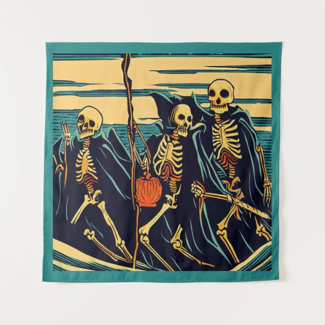 Halloween - Skeletons Woodcut 3 Tapestry (Front)