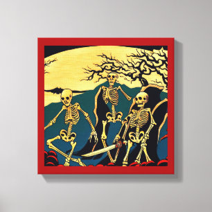 Halloween - Skeletons Woodcut 4 Canvas Print