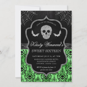 Halloween Skull and Bat Damask Sweet 16 Invitation