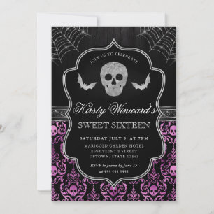 Halloween Skull and Bat Damask Sweet 16 Invitation