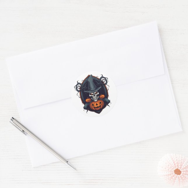 Halloween Skull and Jack-o-lantern Classic Round Sticker (Envelope)