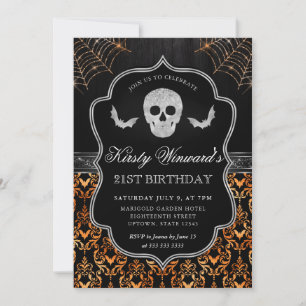 Halloween Skull and Spider Web 21st Birthday Invitation