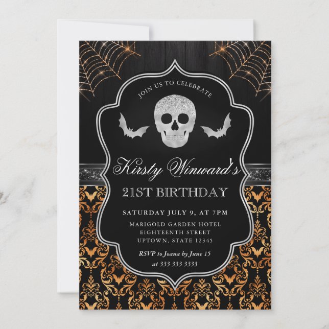 Halloween Skull and Spider Web 21st Birthday Invitation (Front)