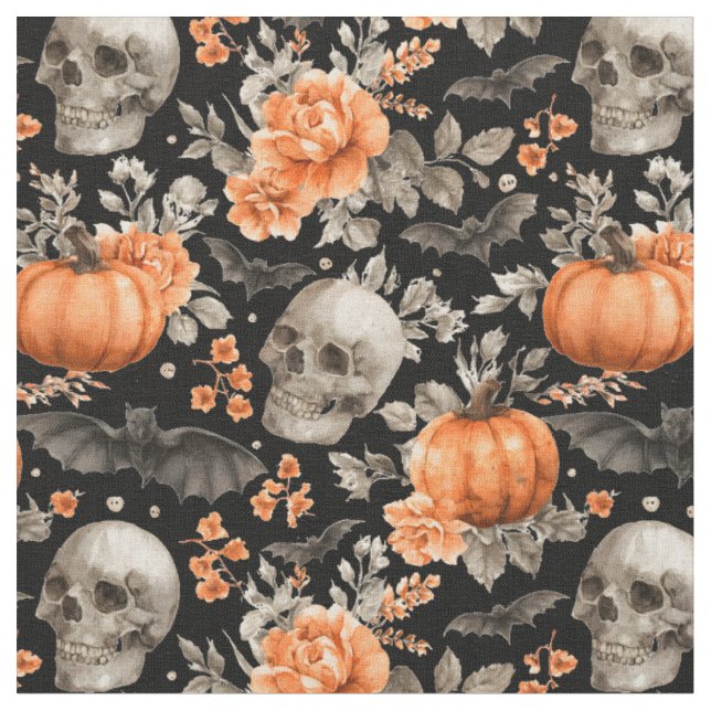 Halloween Skull Bats And Flowers Black Fabric (Close Up)