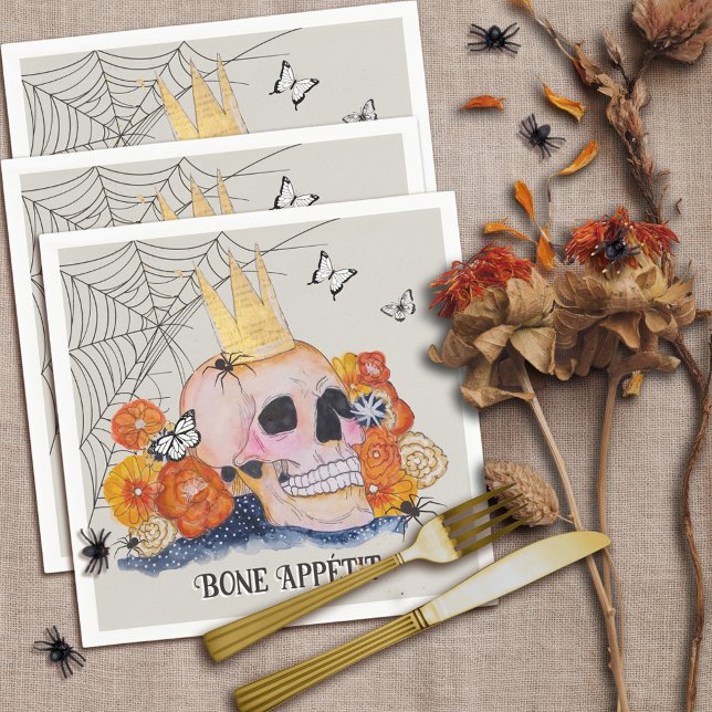 Halloween Skull Crown Butterfly Spider Dark Spooky Napkin (Spooky cottagecore Halloween skull and fall flowers original art by Malissa Melrose)
