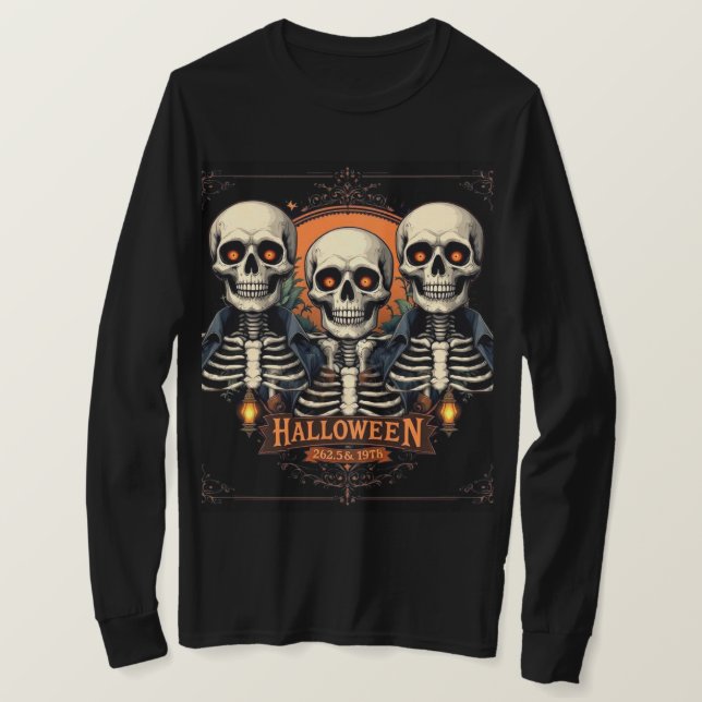 Halloween Skull Long Sleeve T-Shirt - Spooky Skele (Design Front)
