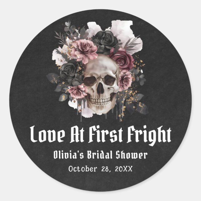 Halloween Skull Love At First Fright Bridal Shower Classic Round Sticker (Front)