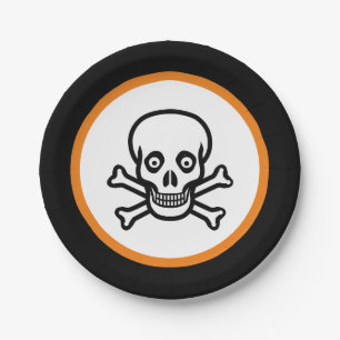 Halloween skull on black, orange & white paper plate