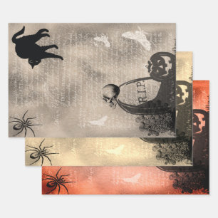 Halloween Skull On Tombstone and Black Cat Wrapping Paper Sheet