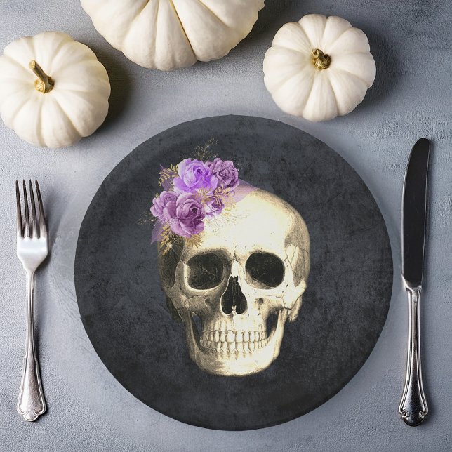 Halloween Skull Paper Plate (gothic skull purple roses plate gothic Halloween theme)