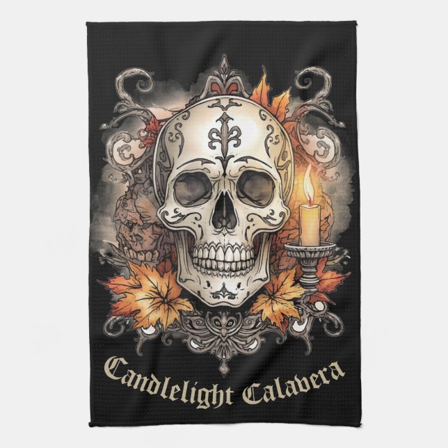 Halloween,Skull Pattern, Candlelight Calavera, Tea Towel (Vertical)
