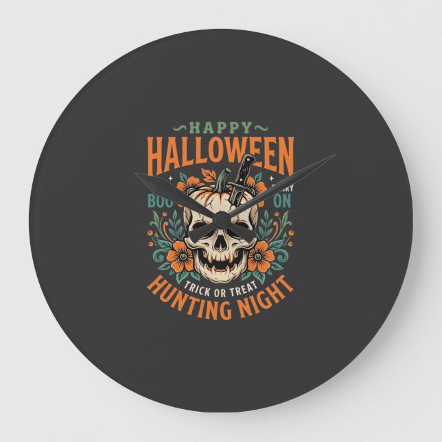 Halloween Skull Pumpkin Hunting Night Design_1 Large Clock (Front)