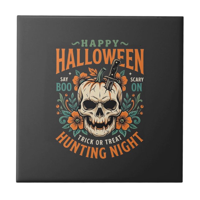 Halloween Skull Pumpkin Hunting Night Design_1 Tile (Front)