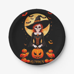 Halloween Skull Scarecrow with pumpkin Paper Plate