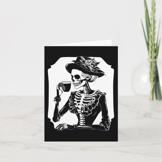 Halloween Skull Skeleton Lazy Drinking Coffee Cost Card (Front)